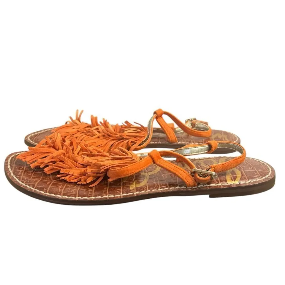 Sam Edelman Gela Fringe Sandals size 8.5M Orange Suede Flat T-Strap Boho Shoes